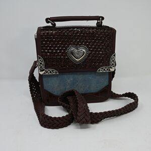 Western Denim Faux Leather Crossbody Bag Heart Concho Braided Strap Boho
